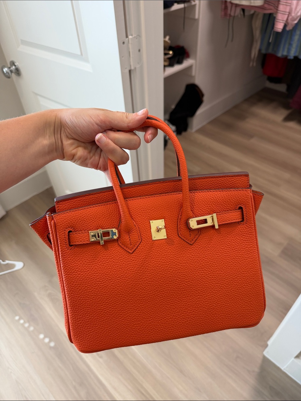 Orange Leather Top-Handle Women's Bag with Gold Hardware
